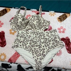 aerie Cream and Taupe Leopard High-Waist Bikini Set